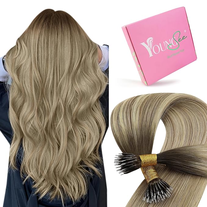YoungSee Nano Beads Hair Extensions Human Hair Brown Ombre Blonde Nano Ring Hair Extensions 24inch Nano-tip Hair Extension Brown Balayage Blonde 50g for Weddings and Special Occasions