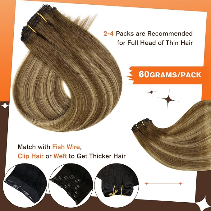 Full Shine Real Hair Extensions Clip in Human Hair Brown Clip in Hair Extensions Brown with Light Brown Balayage Hair Extensions Remy Hair for Women 14 Inch 3 Pcs 60 Grams