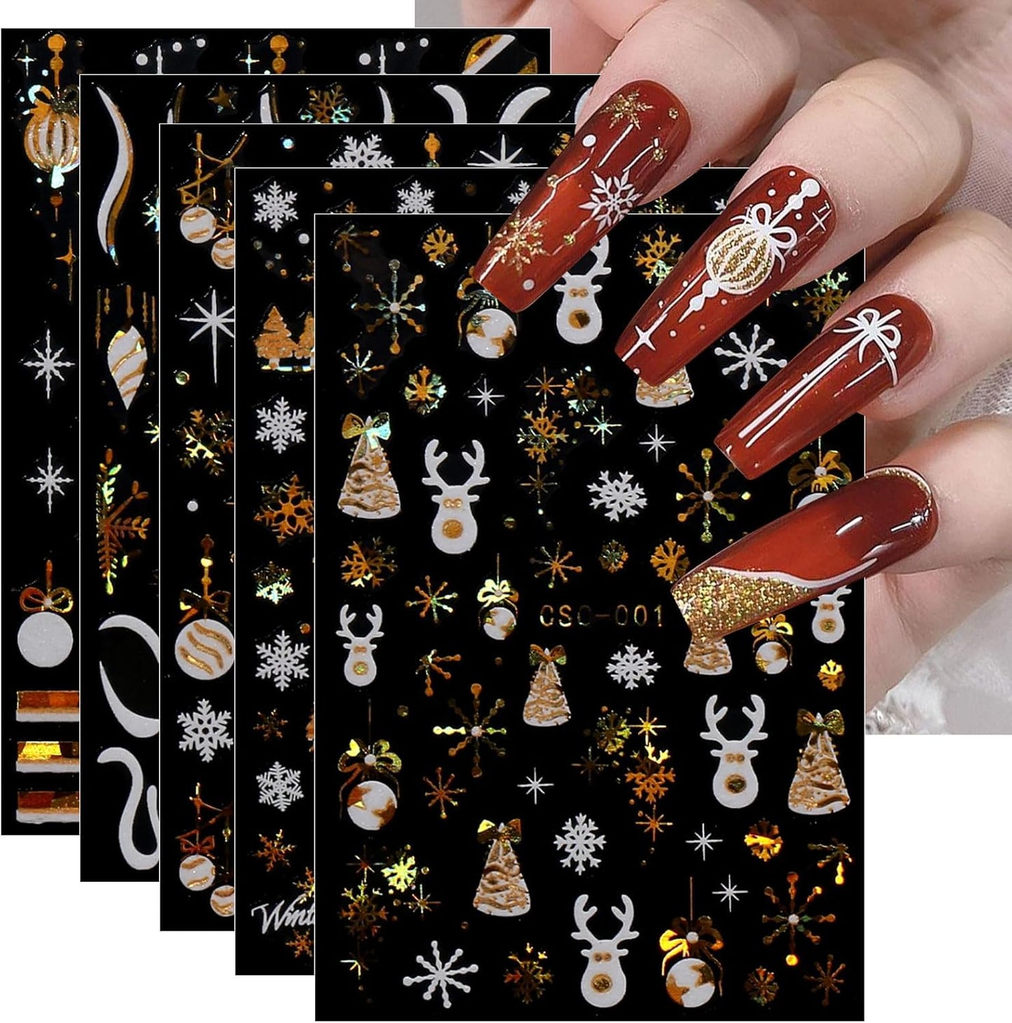 JMEOWIO 8 Sheets Christmas White Glitter Gold Nail Art Stickers Decals Self-Adhesive Snowflake Winter Holiday Nail Supplies Nail Art Design Decoration Accessories