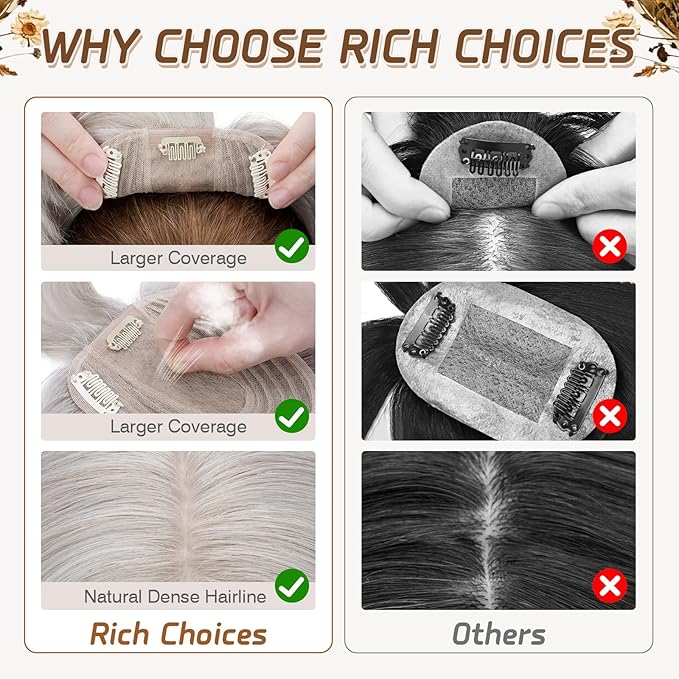 Rich Choices Real Human Hair Toppers for Women With Bang 100% Remy Human Hair Topper for Thinning Hair Clip in Silk Base Hair Topper 14 Inch G1 Grey Silver