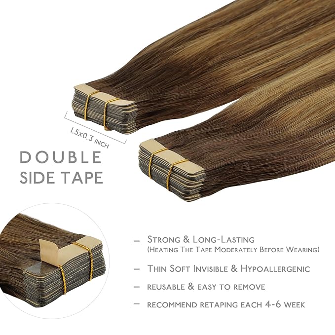 WENNALIFE Tape in Hair Extensions, 24 Inch 50g Balayage Chocolate Brown to Caramel Blonde Remy Human Hair, 20pcs Coloured Tape Extensions