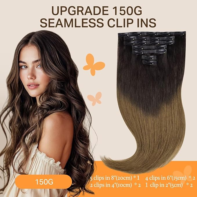 DOORES Seamless Clip in Hair Extensions, Chocolate Dip Color Melt 7pcs 160g 24 Inch, Remy Straight Thick Hair, Invisible Edge