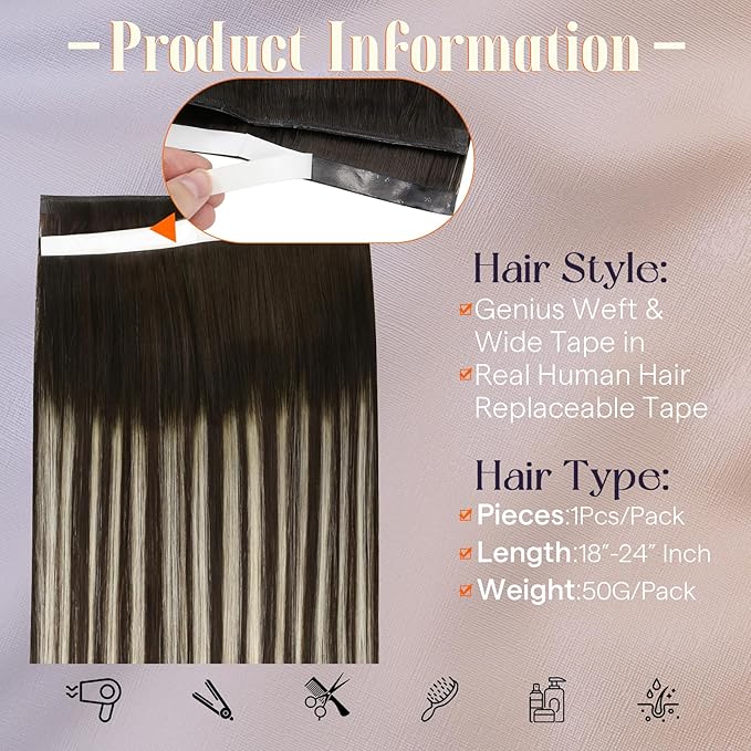 Full Shine Tape in Hair Extensions 18Inch Color 2/60/2 Darkest Brown and Blonde Highlight Balayage Long Tape Weft Invisible Double Sided Tape in Extensions for Daily Office Look 50G One Piece