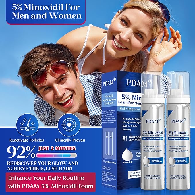 5% Minoxidil for Men and Women Foam Hair Growth - Minoxidil Foam Hair Regrowth Treatment for Men and Women, Topical Hair Loss Treatments, Extra Strength Thicker & Fuller Hair, 2 x 2.11 oz for 2 Months