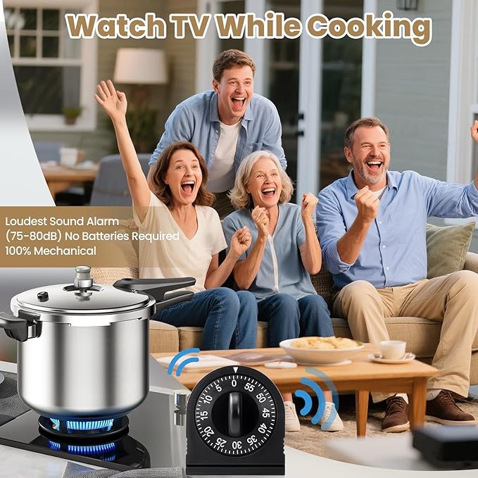 Kitchen Timers for Cooking, 60 Minute Wind Up - Chef Cooking Timer with Loud Alarm,100% Mechanical Desk Timer -No Batteries Required - Manual Countdown timers for Home, Study and Cooking (Black)