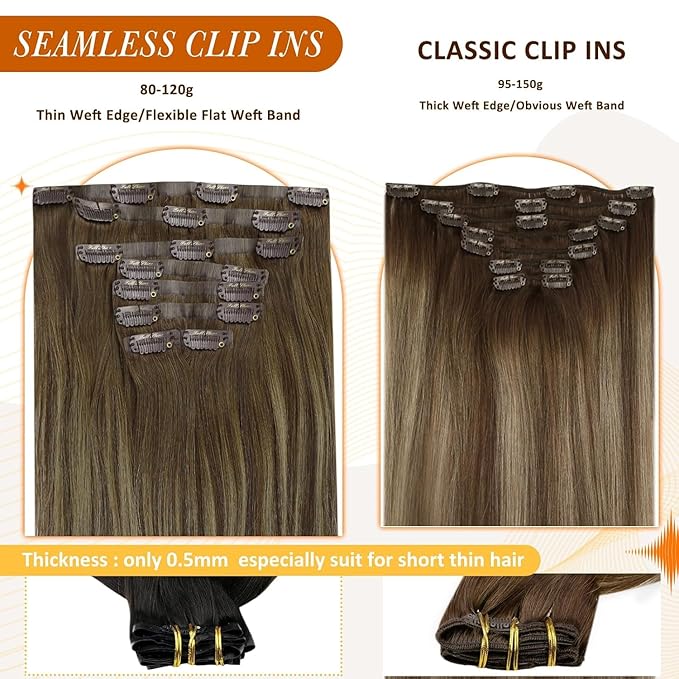 Full Shine Brown Balayage Seamless Clip in Hair Extensions Medium Brown Balayage with Honey Blonde Clip in Extensions for Women Straight Hair 20 Inch 120G 8 PCS