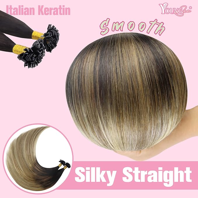 YoungSee K Tip Hair Extensions Human Hair Balayage Ktip Real Hair Extensions Dark Brown Ombre Brown with Blonde Hot Fusion 14In 50s/50g