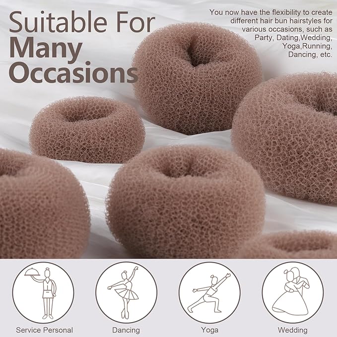 FANDAMEI Hair Bun Maker Set- 8 PCS Hair Donuts for Buns (2 Extra-large,2 Large,2 Medium and 2 Small), 40 PCS Bobby Pins, 5 PCS Hair Elastic Ties Black,Bun Maker - Tan Brown