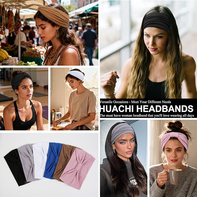 Huachi Headbands for Women, Wide Elastic Head Bands Non Slip, Thick Workout Headband Sweat Bands, Soft Large Knotted Hair Band Turban Headwraps for Washing Face, Makeup, Sport, Running(Pack of 6)