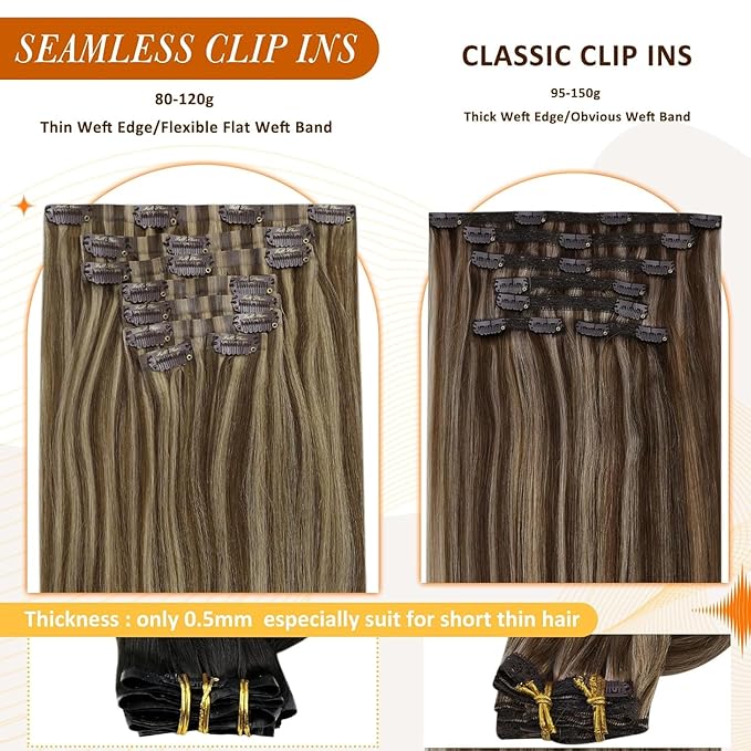 Full Shine Clip in Hair Extensions Dark Brown Human Hair Clip ins with Caramel Blonde Highlights Invisible Clip in Hair Extensions Human Hair 20 Inch PU Weft Add Volume 8 PCS 120 G
