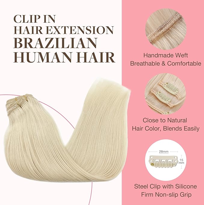 GOO GOO Clip in Hair Extensions Real Human Hair, Remy Human Hair Extensions Clip ins for Women, Natural Human Hair, 18inch 120g 7Pcs, 60A Platinum Blonde