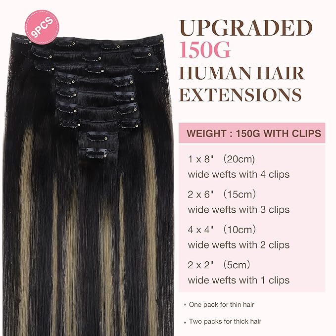 GOO GOO Clip in Hair Extensions Real Human Hair, Remy Human Hair Extensions Clip ins for Women, Natural Human Hair, 20inch 150g 9Pcs, 1B/16/1B Balayage Natural Black to Light Blonde
