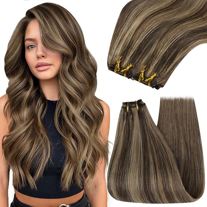 YoungSee Human Hair Sew in Extensions Brown Highlight Hair Extensions Weft Dark Brown Mix Caramel Blonde Sew in Bundles Human Hair One Piece for DIY 16Inch 100G
