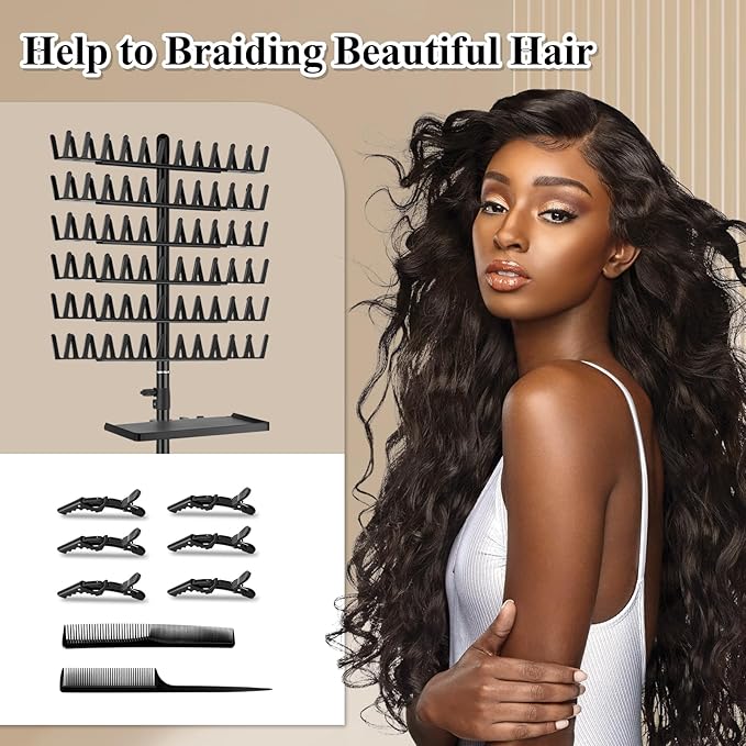 Braiding Rack with Tray, 144 Pegs Height Adjustable, 2-side Hair Extension Holder, Hair Stand with Stylist Tools for Salon/Home/Travel (Black)