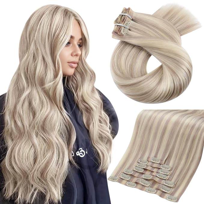 Moresoo Seamless Clip in Hair Extensions Human Hair Blonde Highlight Seamless Hair Extensions Clip ins Human Hair Cool Ash Brown with Bleach Blonde with A Hint of Pink 7pcs 120g 16inch