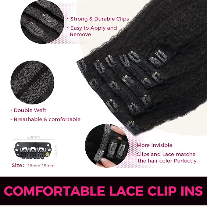 Lashey Clip in Hair Extensions Real Human Hair, Kinky Straight Hair Natural Black #1B 7pcs 120g 22 Inch Clip in Hair Extensions Remy Human Hair with Lace Weft Thick Human Hair for Women