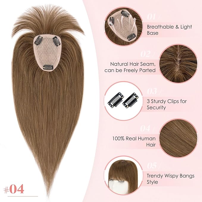 Hairro Human Hair Toppers with Wispy Bangs, 3.5x4.7" Hand-wovened Base for Women with Thinning Hair, Lightweight & Breathable Realistic Scalp, Clip-in Hairpieces for Easy Wear, 12 Inch Medium Brown