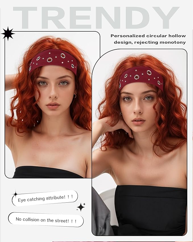 Grommet Headband for Women, Red Round Studs 23cm Hollow Out Elastic Hair Band, Eyelets Punk Grunge Stylish Hairband