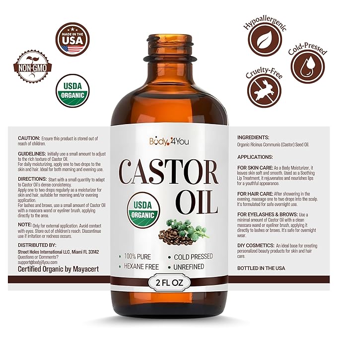 BodyJ4You Castor Oil for Eyelashes Eyebrows - 100% Pure Natural USDA Organic Cold Pressed - Hydrating Skin Hair Growth Oil Lashes Scalp - Non-GMO Hexane Free Unrefined Carrier - Glass Bottle 2 Fl Oz