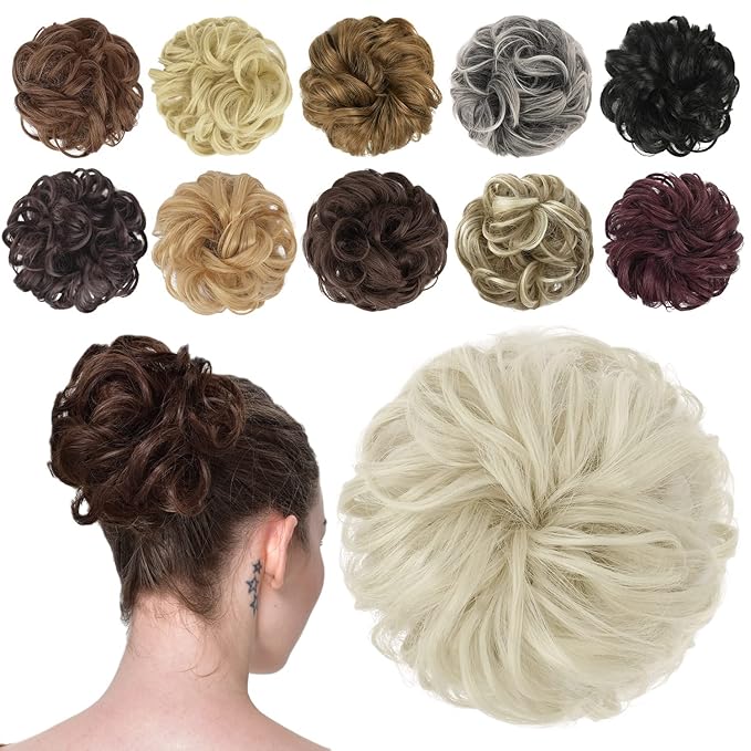 FESHFEN Messy Bun Hair Piece - Elastic Wavy Curly Hair Bun Scrunchies Extensions Synthetic Chignon Hairpieces for Women Girls, Ash Platinum Blonde 1.5 oz