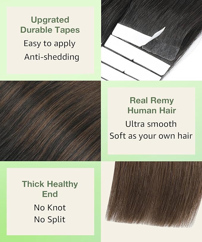 SURNEL Tape in Hair Extensions Ombre Color 1B Off Black Fading To 4 Middle Brown Tape in Human Hair Extensions 18 inch 20pcs 50g(#1BT4-18)