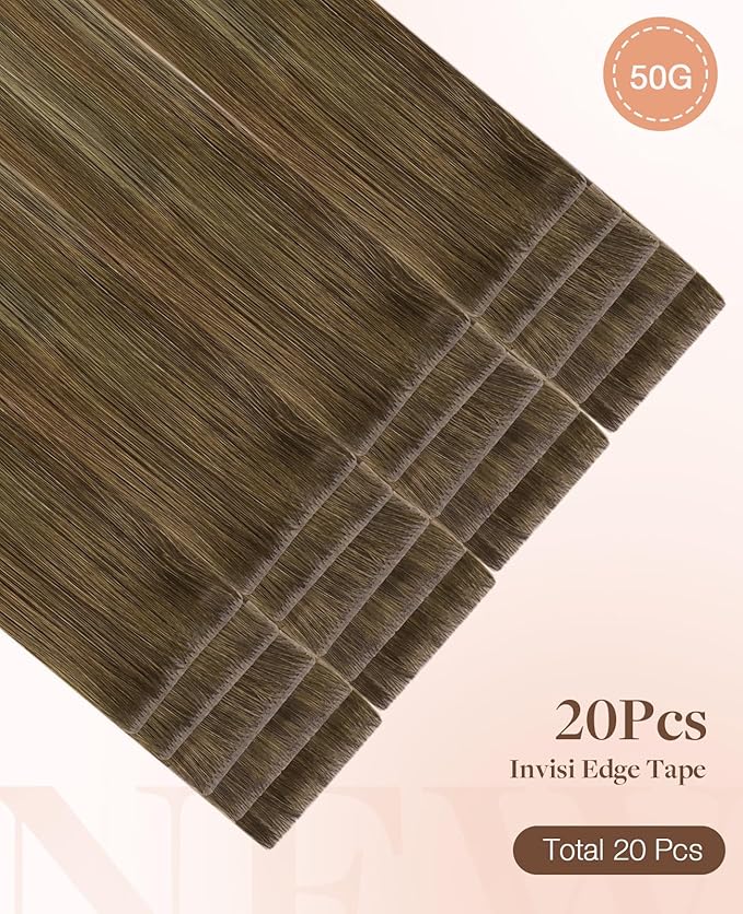 GOO GOO Invisi Edge Tape in Hair Extensions Human Hair, 3/8/613 Walnut Brown to Ash Brown and Bleach Blonde 20pcs 14inch 50g, Virgin Remy Hair, Seamless Injected Tape, Natural Look