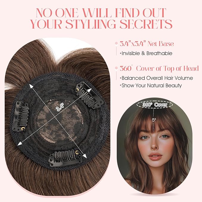 Hairro Mono Hair Toppers with Bangs, 3.4" x 3.4" Mono Base 100% Real Human Hairpieces for Women, 150% Density Clips In Topper for Greyish Thinning Hair, 6 Inch Dark Brown