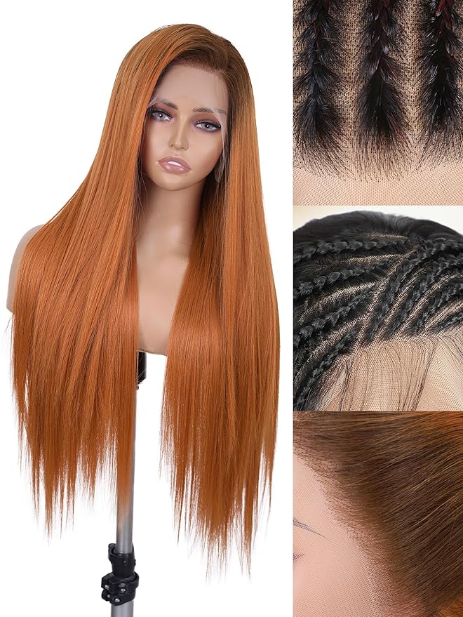 WIGNEE 13x6 Synthetic Lace Front Wig 28" Long Straight Wig Ombre Ginger Synthetic Wigs for Black Women Pre-Plucked Glueless Wig for Daily Party Use