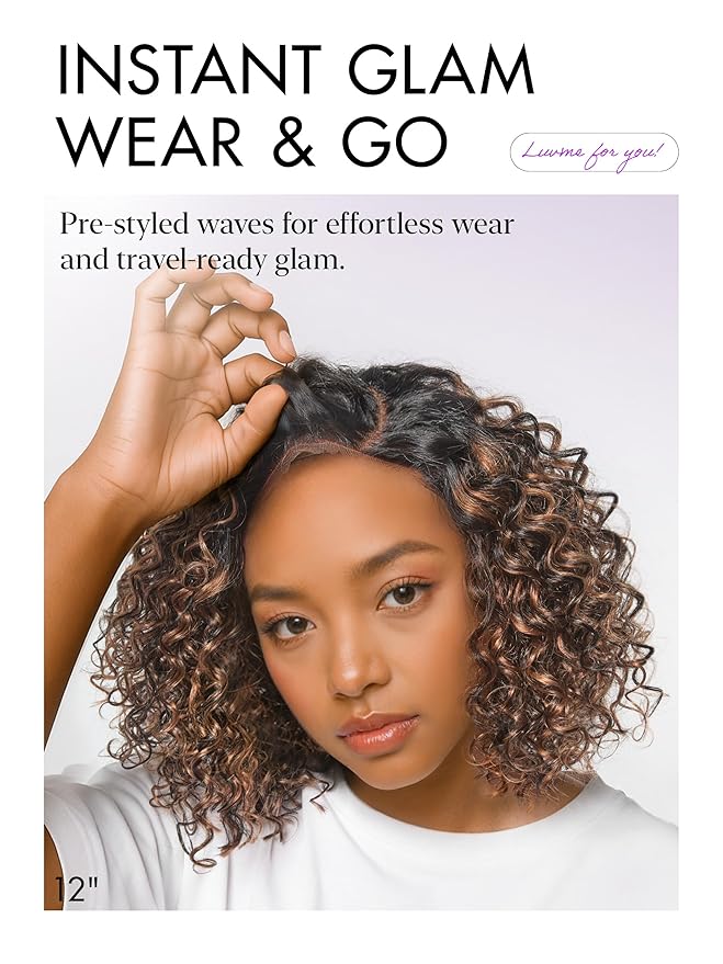 LUVME HAIR 100% Human Hair Wigs Curly Deep Wave Glueless Lace Front 14 Inches Pre Cut Plucked Hd Lace Short Wig Ready To Go Highlight Color Straight Bleached Knots Side Part Black Wigs