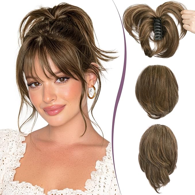 RUWISS Claw Clip Short Human Hair Ponytail Extension with Bendable Metals for DIY Styles Straight Messy Bun Hair Piece for Women Hairpieces for Daily Wear, 9 Inch Chocolate Brown to Dark Brown