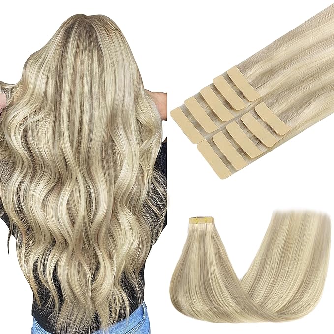 GOO GOO Tape in Hair Extensions Human Hair, 17A/60A Ash Blonde Highlighted Platinum Blonde, 24inch 30g 10pcs, Skin Weft Seamless Invisible, Silky Straight with Thick Ends, Remy Human Hair