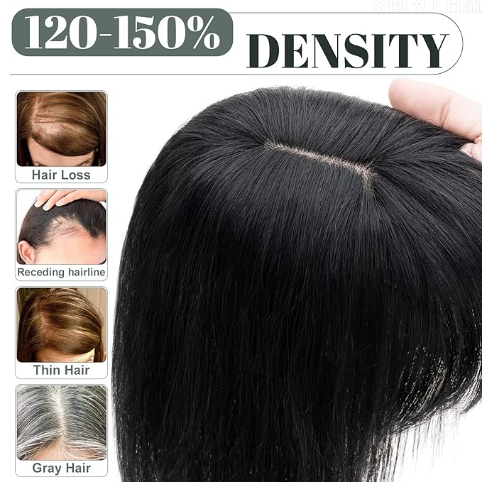 SEGO Hair Toppers for Women Real Human Hair with Thinning, with Front Bangs Clip in Toppers Straight 150% Density Silk Base -16 Inch #2 Dark Brown