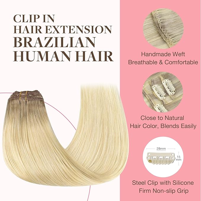 GOO GOO Clip in Hair Extensions Real Human Hair, Remy Human Hair Extensions Clip ins for Women, Natural Human Hair, 14inch 120g 7Pcs, #R7/60F
