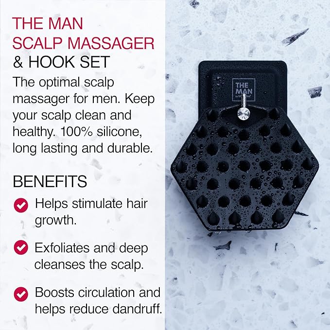 The Man Silicone Scalp Scrubber & Hook - Head Massager & Hair Brush for Men - Scalp Scrubber Exfoliator for Washing Hair - Reduces Dandruff & Stimulates Hair Growth - Men Shower Hair Brush (1 Set)