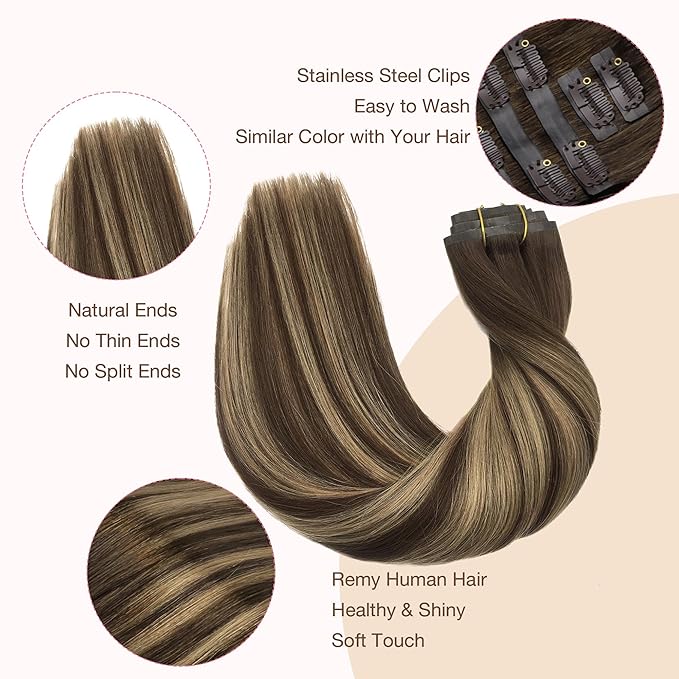 GOO GOO Clip in Hair Extensions Real Human Hair, Remy Human Hair Extensions Clip ins for Women, Natural Human Hair, 22 Inch 140g 7Pcs, 4/27/4 Balayage Chocolate Brown to Caramel Blonde