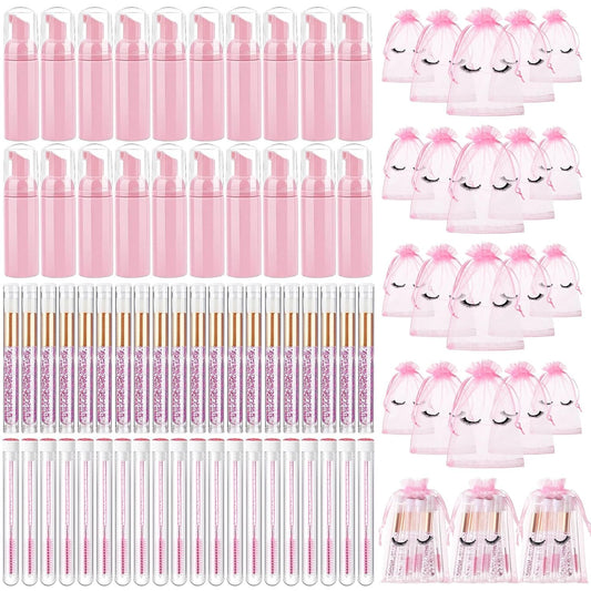 Zhehao 80 Pcs Lash Shampoo Bottle Brushes Kit 20 Foam Pump Dispensers 20 Lash Shampoo Brushes 20 Eyelash Aftercare Bag 20 Cleaning Pipes, Eyelash Extension Supplies(Pink)