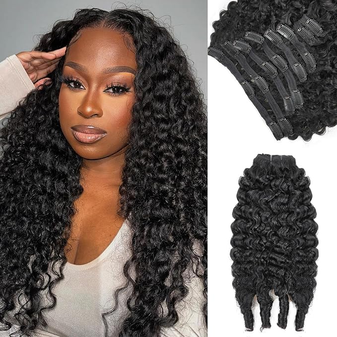 Burmese Curly Clip in Hair Extensions Real Human Hair 8Pcs Brazilian Human Hair Clip ins for Black Women With 18Clips 120g 12inch #1B Natural Black