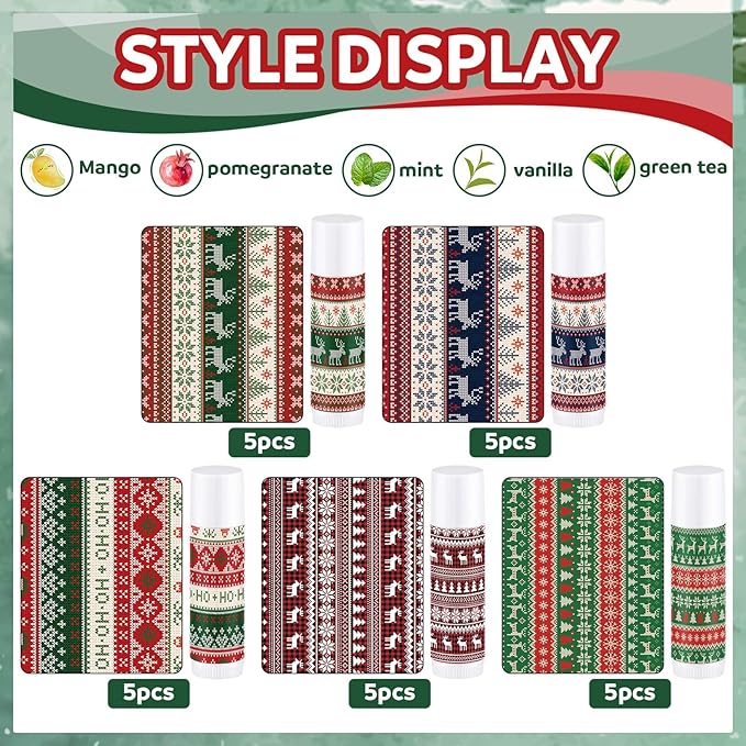 Dunzy 50 Pcs Lip Balm in Bulk Christmas Gift Set Moisturizing Lip Ugly Sweater Baby Shower Party Favor Supplies with Assorted Fruit Flavors for Women Men Dry Chapped Lips Holiday Gift Prize