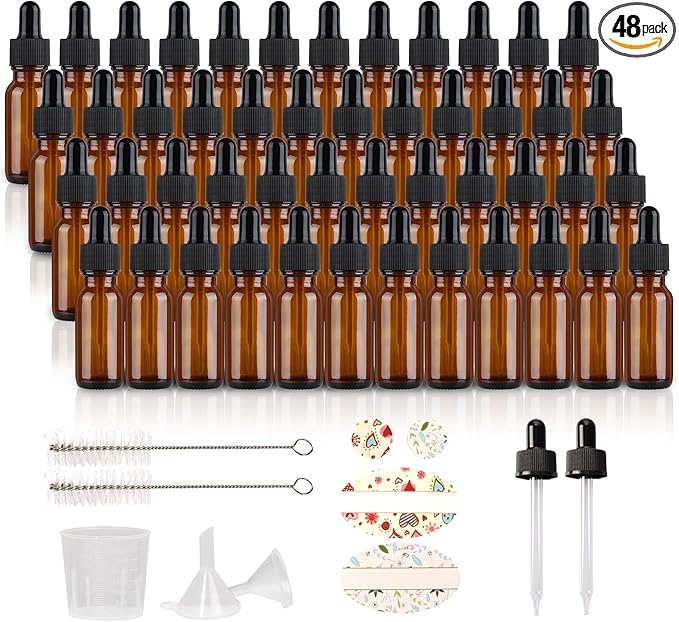 48 Pack 1/2 oz (15ml) Amber Glass Bottles with Glass Eye Droppers for Essential Oils, Perfumes & Lab Chemicals (Brush, Funnels, 2 Extra Droppers, Labels & Measuring Cup Included)