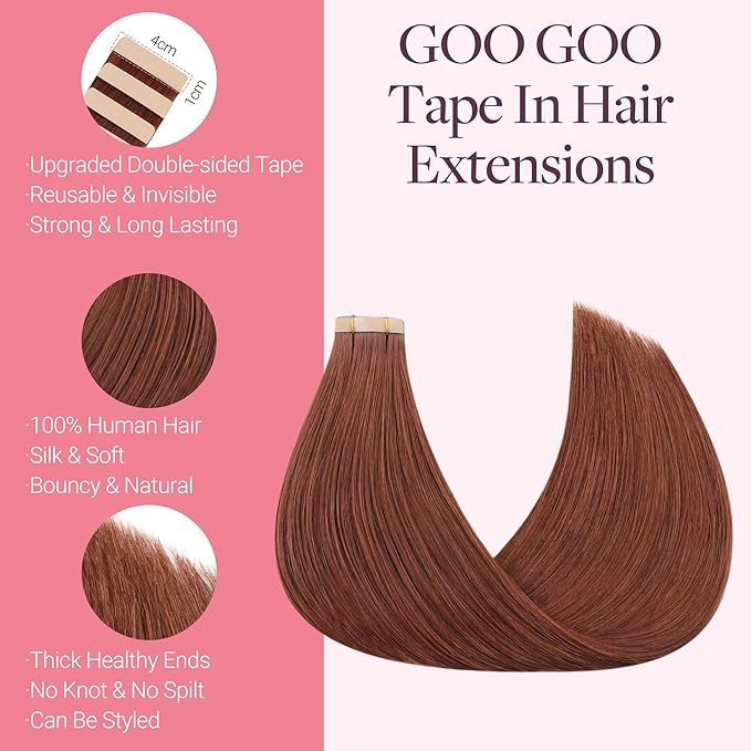 GOO GOO Tape in Hair Extensions Human Hair, #33B Dark Auburn Copper, 16inch 100g 40pcs, Skin Weft Seamless Invisible, Silky Straight with Thick Ends, Remy Human Hair