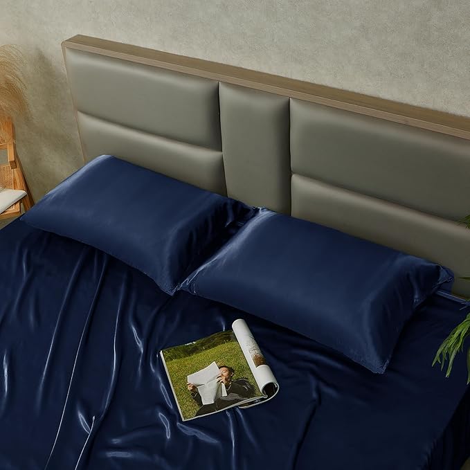 Navy Blue King Size Satin Pillowcase Set of 2 with Envelope Closure,Navy Blue Silk Pillowcase for Hair and Skin (20x36)
