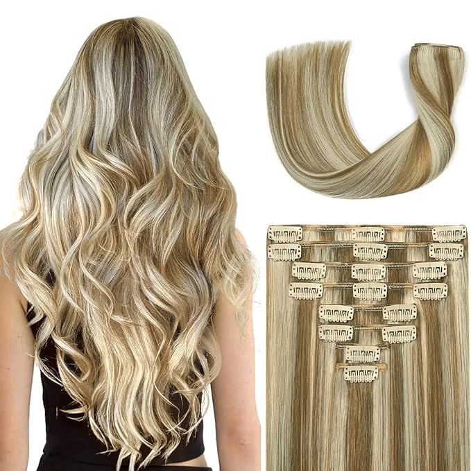 Clip in Hair Extensions Real Human Hair 26Inch 8pcs 130g Seamless Balayage Blonde Hair Extensions Clip Ins Double Weft Light Blonde Highlight Golden Blonde Invisible Straight Remy Human Hair for Women