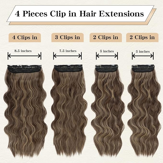Clip in Hair Extensions, 20 Inch Medium Brown Mixed Golden Blonde Hair Extensions for Women 4PCS Curly Hair