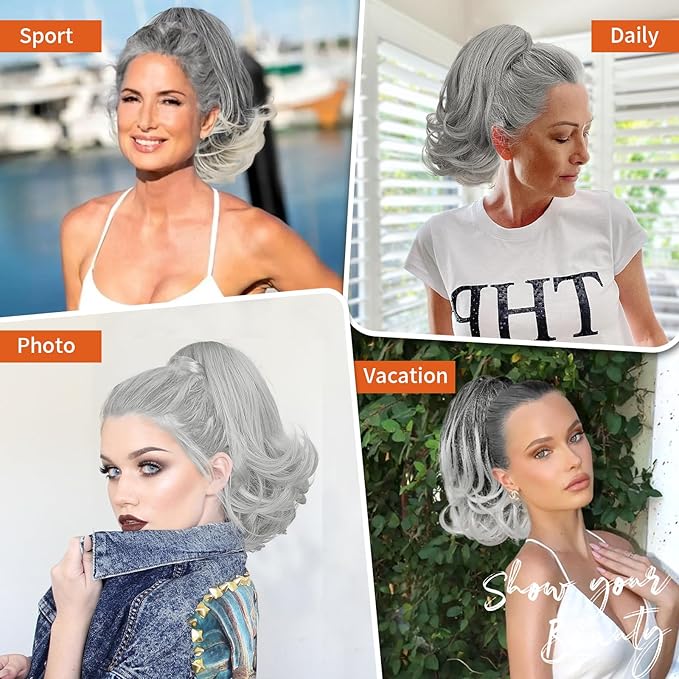 KooKaStyle Ponytail Extension, 10" Short Claw Clip in Pony Tails Hair Extensions Curly Wavy Synthetic Drawstring Halloween Hairpieces for Women(Light Sliver Grey)