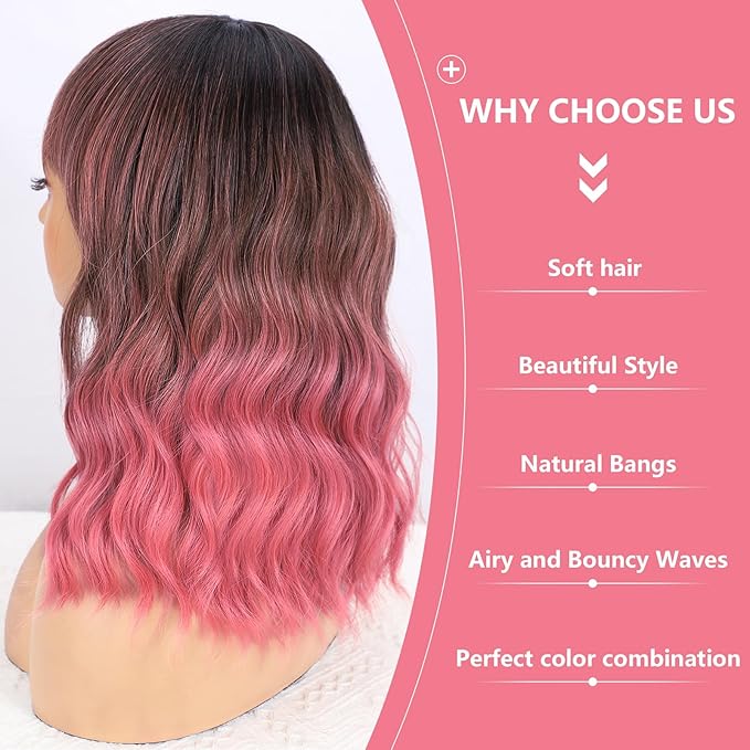 Nnzes Pink Wig with Bangs for Women Short Bob Wavy Charming Synthetic Wigs with Natural Shoulder Length Curly Heat Resistant Fiber Hair for Daily Party Use