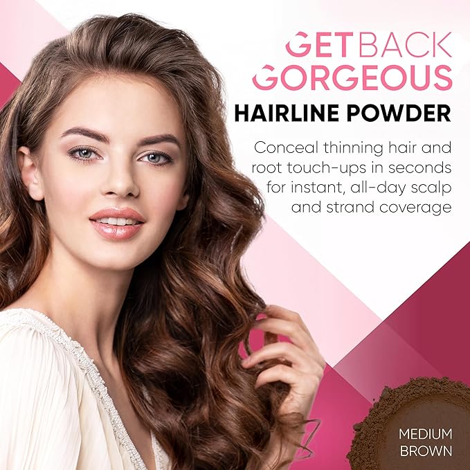GBG Hairline Powder, Medium Brown - 48-Hour Coverage Root Touch Up Powder for Bald Spots, Instant Hair Loss Concealer & Brightening Highlights - Hair Fillers for Thinning Hair for Women & Men, 4g