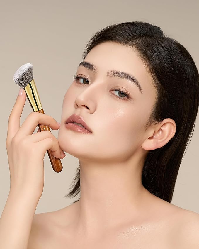 Desert Oak Series SlopeBlur Stipple Brush - Angled Nylon Bristles for Seamless Cream/Liquid/Powder Blending, Contour & Blush Application, Bubinga Handle (CM 192)