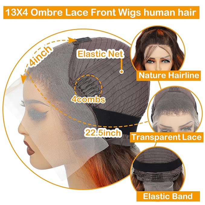 Ginger Highlight Body Wave Lace Front Wigs Human Hair 13x4 Ombre Brown HD Transparent Lace Front Wig Human Hair for Women P4/350 Highlight Ombre 180% Density Glueless Wig 26Inch