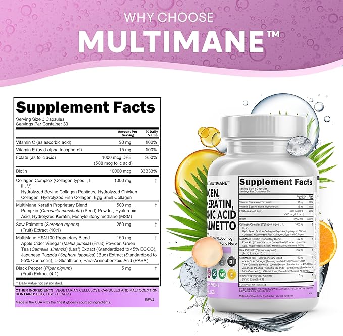 Clean Nutraceuticals Collagen Pills 1000mg Biotin 10000mcg Keratin Saw Palmetto Hyaluronic Acid - Hair Skin & Nails Vitamins & DHT Blocker with Vitamin E Folic Acid Pumpkin Seed MSM - 90 Count