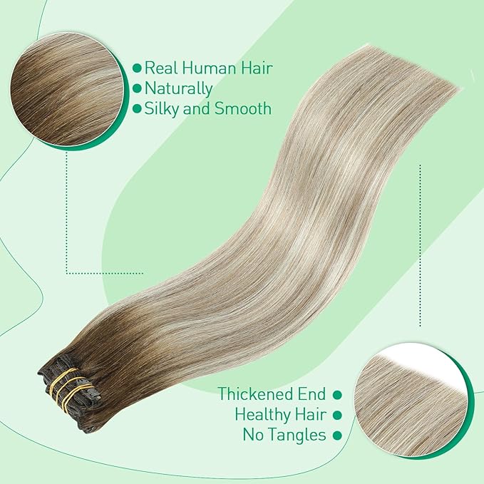 SURNEL Clip in Human Hair Extensions Balayage Clip in Hair Extensions 20 Inch 7pcs 160g Walnut Brown to Ash Brown and Golden Blonde Real Human Hair(7C#3/8/22-20'')
